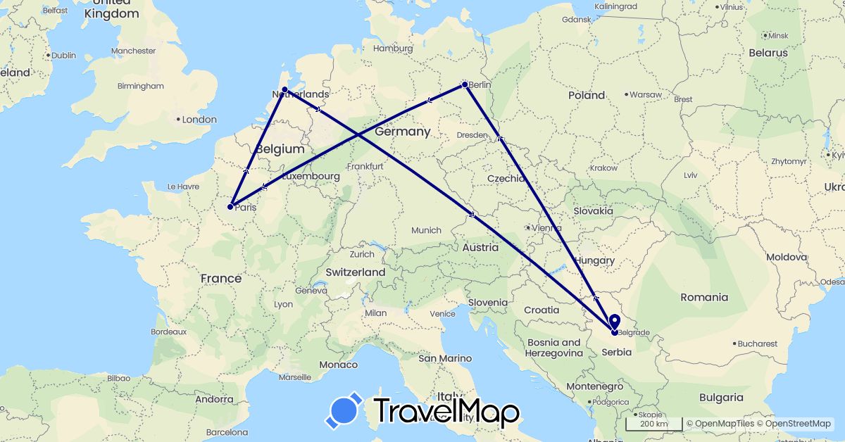 TravelMap itinerary: driving in Germany, France, Netherlands, Serbia (Europe)